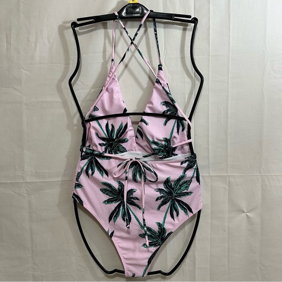 Shein Womens Pink Deep V One Piece Swimsuit with Palm Trees Size Medium (6) - Picture 4 of 9